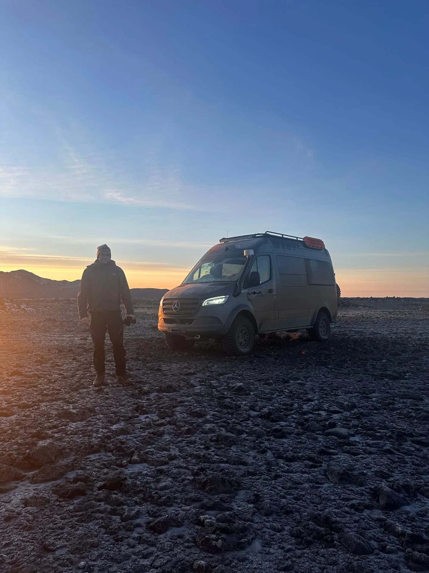 Mercedes Sprinter Iglhaut at sunset in Iceland